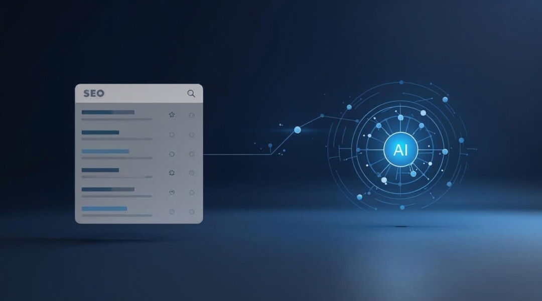 visualisering med SEO-resultater til venstre og et AI-netværk til højre, der viser forskellen mellem søgeplaceringer og generativ AI.