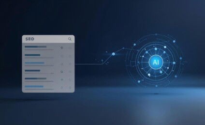 visualisering med SEO-resultater til venstre og et AI-netværk til højre, der viser forskellen mellem søgeplaceringer og generativ AI.