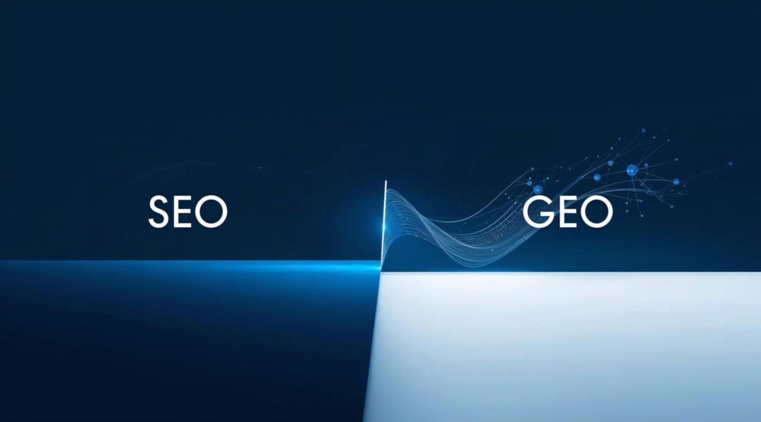 Overgang fra SEO til GEO visualiseret som en digital transformation – fra klassisk søgning til AI-drevet citation.